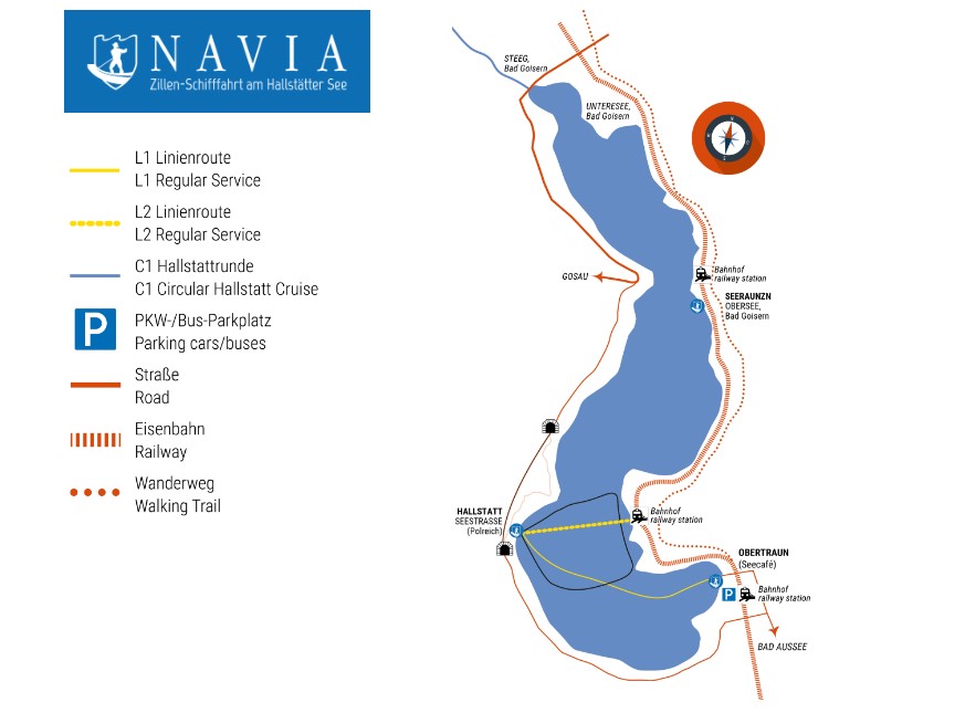 Navia Hallstatt map with stops -Obertraun, Hallstatt train station