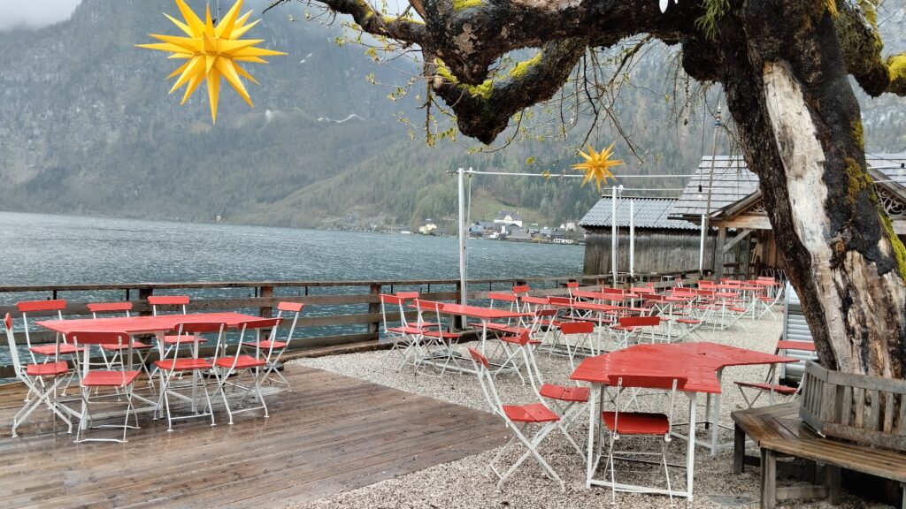 empty restaurant in Braugasthof Lobisser – on rainy day, Hallstatt