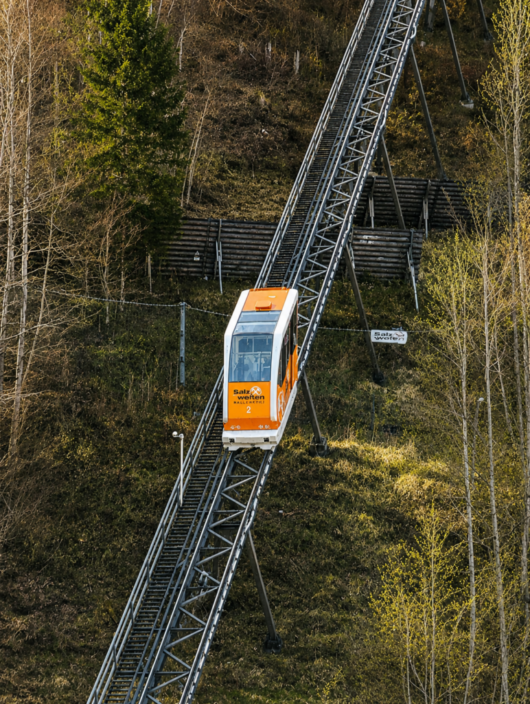 Salzbergbahn funicular cable car ascending the mountain to Hallstatt Skywalk
